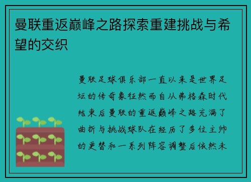 曼联重返巅峰之路探索重建挑战与希望的交织